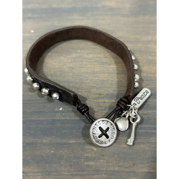 Fossil Dark Brown Leather Bracelet Charms Key Beads 7" - Picture 1 of 4